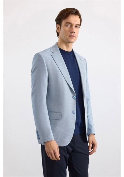 Süvari Saks Mavi Slim Mono Yaka Torba Cep 6 Drop Klasik Ceket Ct2021600434-m05