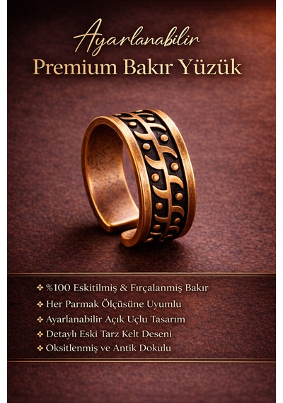 Erkek Bakır Yüzük Üstü Desenli Otanik Model Ayarlanabilir Erkek Yüzük - Model Bkr0016-yuz
