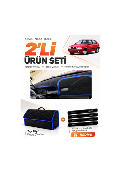 Skoda Felıcıa 1994-2001 Uyumlu Torpido Örtüsü + Tay Tüyü Bagaj Çantası + Sticker Seti - Siyah Mavi