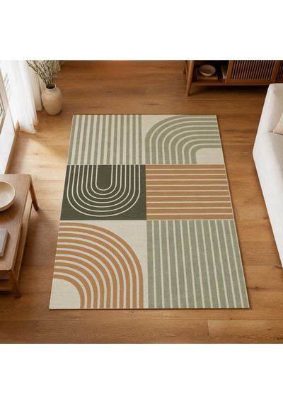 Kartela Halı Retro Çizgili Patchwork Halı Adaçayı Yeşili Kaymaz Taban 100x150 Cm