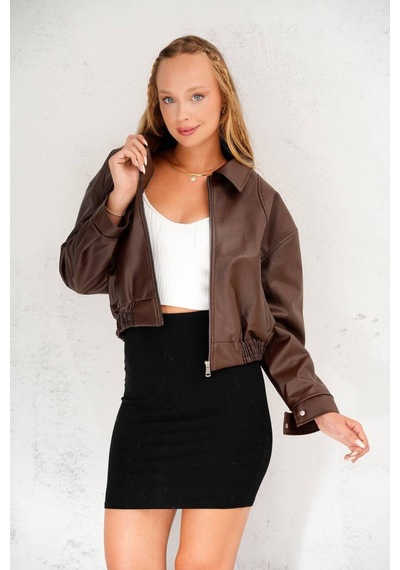 Dandissi Sport Oversize Yeni Sezon Bomber Deri Ceket Kahverengi Kahverengi