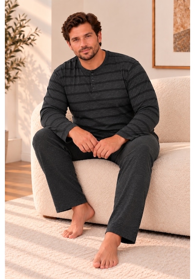 Nisanca Büyük Beden Premium Soft Erkek Pijama Takımı Yumuşacık Dokulu Uzun Kollu Düğmeli Yaka Çizgili Kışlık Pijama Füme