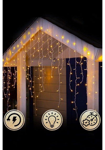 4 Metre 8 Fonksiyonlu Perde Led 96 Ledli 50x60x70cm Saçaklı Kablolu Fişli Sarı