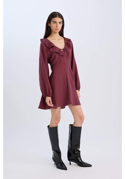 DeFacto V Yaka Basic Düz Modal Uzun Kollu Mini Elbise E4213AX24WNBR98 Bordo