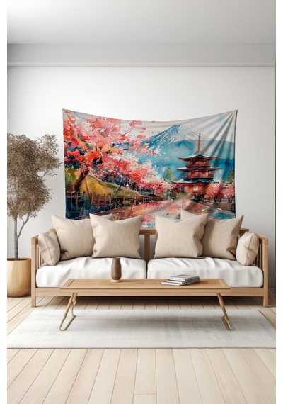 Sakura Ve Pagoda Desenli Duvar Halısı Duvar Örtüsü Tapestry Süet Dokulu Kumaş