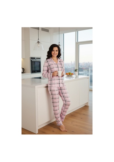 Bravie Luxury Viscose Pembe Ekose Desenli Büyük Beden Kadın Pijama Takımı 42531