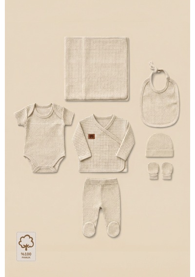 Minory Baby - %100 Pamuk 7'li Hastane Çıkışı Seti Yenidoğan 7'li Set Waffle Kumaş Bej Bej