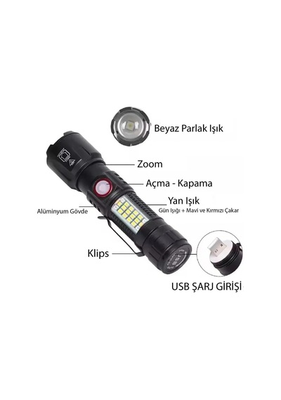 Tr Ws-2828 Ultra Usb Şarjlı Polis El Feneri, Bekçi, Asker El Feneri Kırmızı Mavi Çakarlı 1000 Lümen 5264
