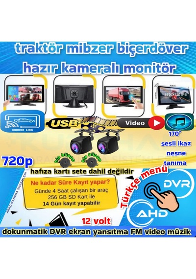 2 Adet Ahd 720p Nesne Tanımalı Sesli İkazlı Kamera 1036 İnç Dvr Dokunmatik Ekran 12 Volt