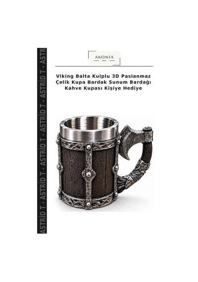 Viking Balta Kulplu 3d Paslanmaz Çelik Kupa Bardak Sunum Bardağı Kahve Kupası Kişiye Hediye Çok Renkli