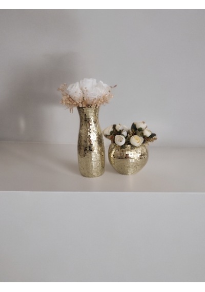 Işıltı Home Desıgn Aynalı Cam Vazo Açık Gold 2 Li Set