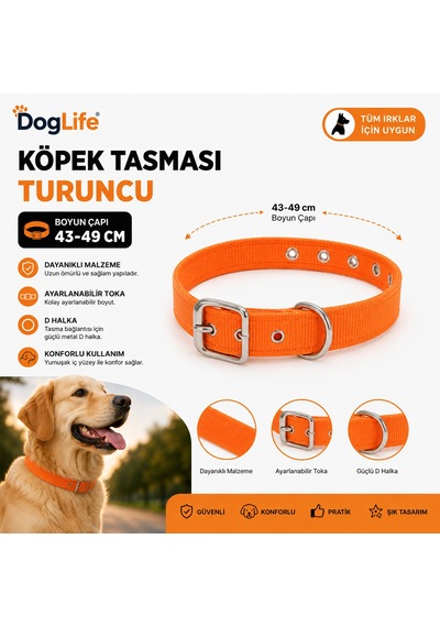Dog Life Köpek Boyun Tasması 43-49 Cm Ayarlanabilir Metal Tokalı D Halkalı - Turuncu Çok Renkli