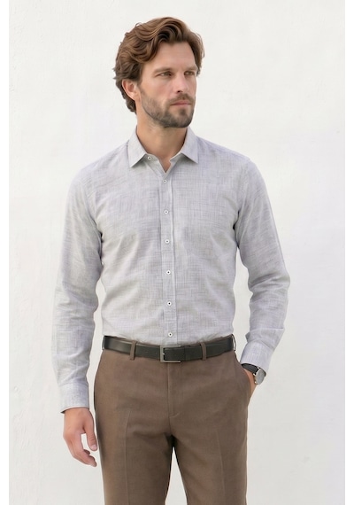 Tudors Erkek Regular Fit Klasik Kesim Oversize %100 Pamuk Keten Doku Gri Gömlek-42669