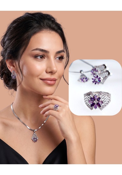925 Ayar Gümüş Otantik Lotus Çiçek Tasarım Ametist Kadın Mücevher Set Kolye Küpe Yüzük