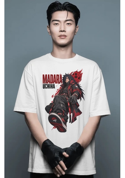 Unisex Oversize Madara Uchiha Naruto Anime Karakter Ön Baskılı Pr Beyaz
