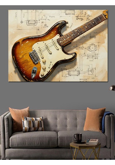 Gitar Ve Notalar Sanat Dekoratif Kanvas - Mdf Ahşap Tablo