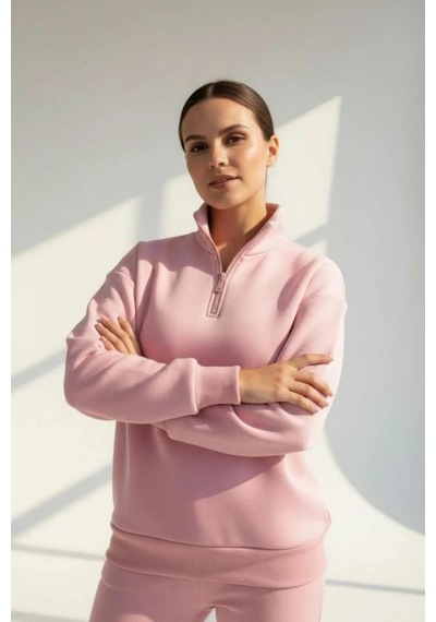 Rovebella Amore Fermuar Detaylı Dik Yaka Sweatshirt Somon
