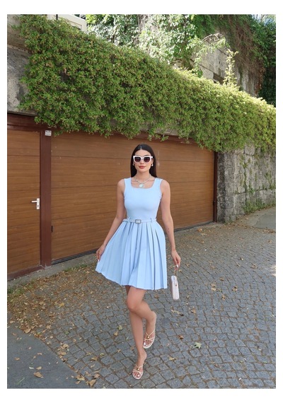 Kechi Woman Double Kumaş Pileli Mini Elbise Mavi