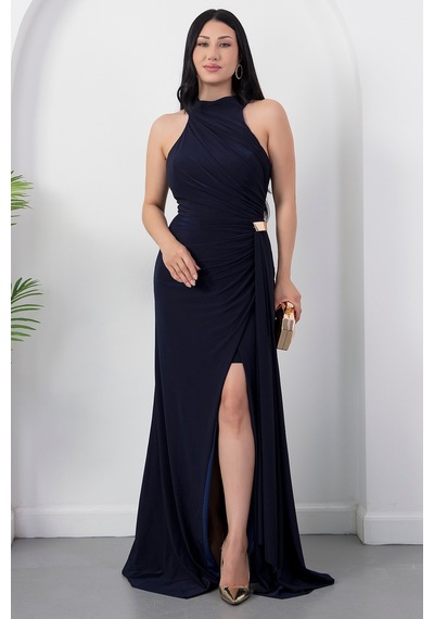 Kalopya Halter Yaka Drapeli Tokalı Abiye Elbise Ecr5862 Lacivert