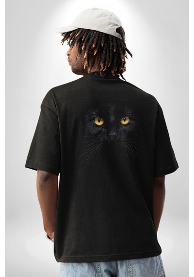 Siyah Kedi Pamuklu Unisex Oversize Sırt Dijital Baskılı Siyah T-shirt Siyah