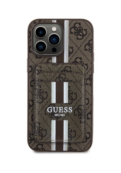 Apple Uyumlu iPhone 14 Pro Max Kılıf Guess Lisanslı Magsafe Özellikli 4g Desen Çizgili Kartlıklı Kapak Kahverengi