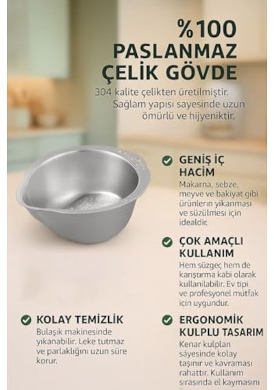 Ayrex 304 Çelik Mutfak Sebze Bakla Pirinç Yıkama Makarna Süzme Süzgeci Mt113 Genel
