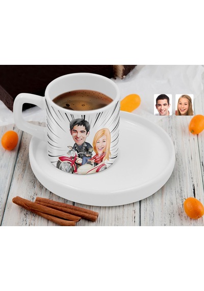 Bk Gift Kişiye Özel Sunum Tabaklı Sevgililer Karikatürlü Kahve Fincanı-12, Sevgiliye Hediye, Aileye Hediye Beyaz