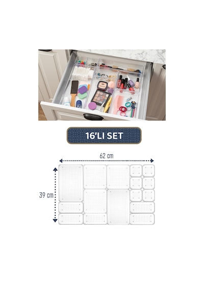 Meleni Home 16'lı Modüler Set Çekmece İçi Düzenleyici - Makyaj Takı Aksesuar Organizer - Dolap İçi Düzenleyici