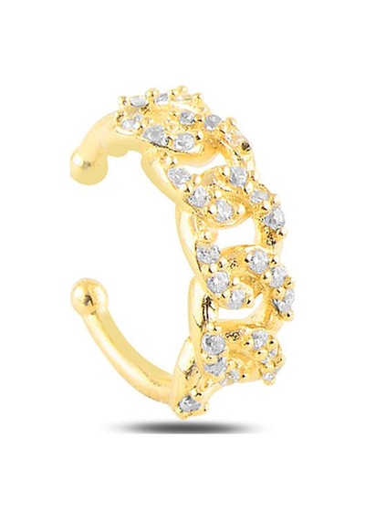Söğütlü Silver Gümüş Altın Yaldızlı Zirkon Taşlı Zincir Modeli Kıkırdak Küpe