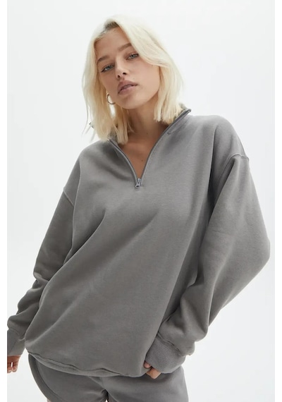 Madmext Boyalı Gri Fermuar Detaylı Oversize Sweatshirt Mg1933 Gri