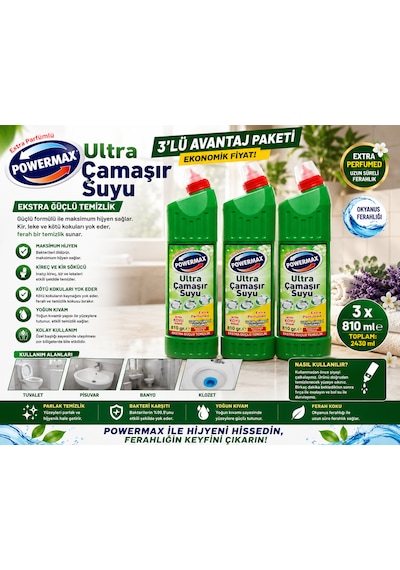 Powermax Ultra Çamaşır Suyu 810 Gr X3 Set Çok Amaçlı Temizlik Ürünü 3'lü Set