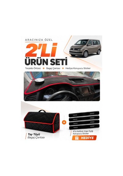 Volkswagen Transporter T6 Çukurlu 2015-2020 Uyumlu Torpido Örtüsü Tay Tüyü Çanta - Siyah Kırmızı