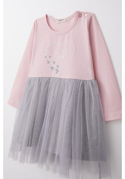 Breeze Kız Çocuk Uzun Kollu Elbise Yazı Baskılı Kalpli 1.5-5 Yaş, Pembe Pembe