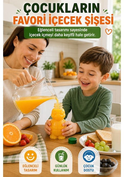 100'lü Set Şeffaf Kaplumbağa Şişe Yeşil Kapaklı Pet İçecek Şişesi Çocuk Beslenme Matarası 250 Ml