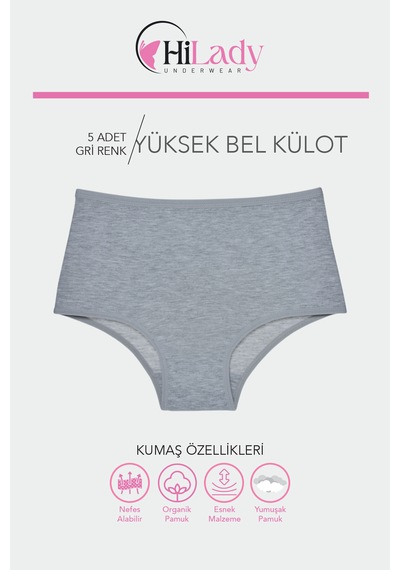 Kadın Külot, Çok Renkli Yüksek Bel Külot, Pamuklu Yumuşak Kumaş, Çoklu Paket, Karışık Renkli Gri