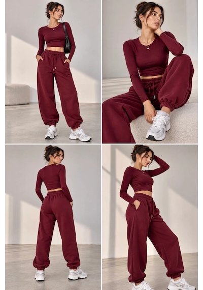 Bbbutikbasic Kadın İçi Polar Şardonlu 3 İplik Kalın Jogger Eşofman Altı My3535 Bordo