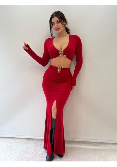 Pink Life Kırmızı Tokalı Yırtmaçlı Maxi İkili Takım Kırmızı