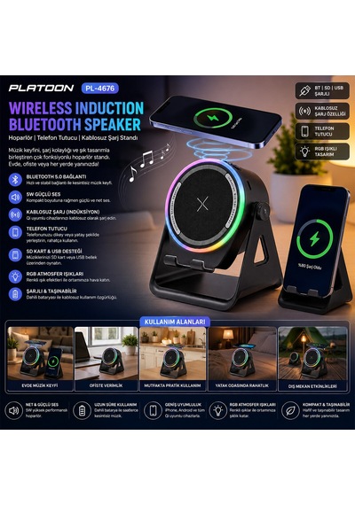Go İthalat Bt - Sd - Usb Şarjlı Telefon Tutacak Rgb Işıklı Bluetooth Wireless Speaker Hoparlör 5w Pl