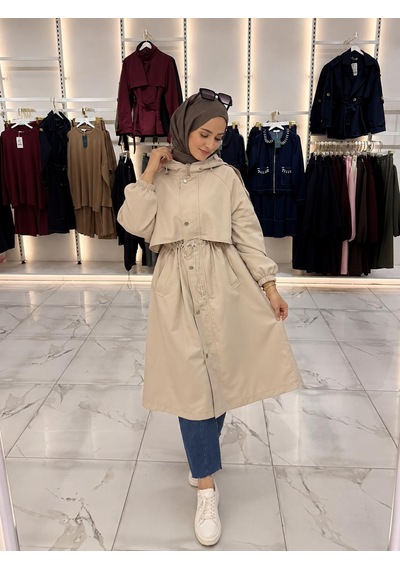 Esra Butik78 Kadın Kapüşonlu Bel Büzgülü Büyük Beden Parka Mont Krem