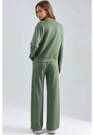 Fiolin Modal Dokulu Fermuarlı Sweatshirt & Nervürlü Pantolon Takımı haki