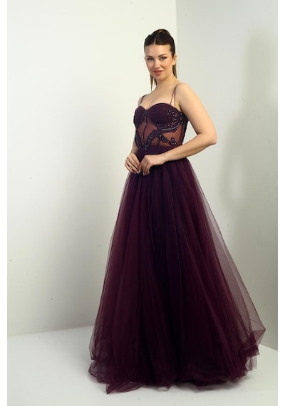By Saygı Kadın İp Askılı Astarlı Göğüs Pliseli Boncuk İşlemeli Uzun Prenses Elbise-40087 Mürdüm By Saygı Kadın İp Askılı Astarlı Göğüs Pliseli Boncuk İşlemeli Uzun Prenses Elbise-40087 Mürdüm