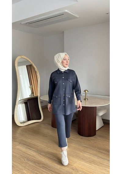 Esra Butik78 Kadın Günlük Scuba Kumaş Pantolonlu Takım 82121710-lacivert