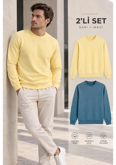 Polo State Erkek 2 Li Set Bisiklet Yaka Basic Sweatshirt Mavi & Sarı