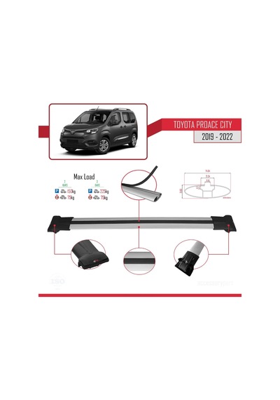 Toyota Proace City 2019-2022 Arası İle Uyumlu Fly Model Ara Atkı Tavan Barı Gri