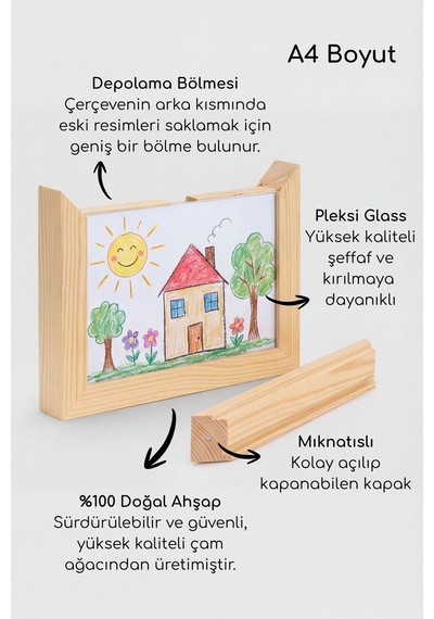 Çocuk Resim Çerçevesi, Resim Saklama Bölmeli, Mıknatıslı Kapaklı, A4 Boyutuna Uygun Ahsap