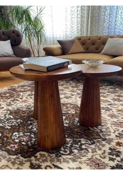 Ahşap Mantar Sehpa 3 Lü Set Açık Ceviz Masif Doğal Fiskos Sehpa Ve Zigon Takımı - Çiçeklik - Wood Açık Ceviz