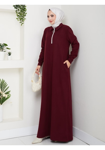 Selanik Kumaş Yarım Fermuarlı Boydan Elbise 145 Cm Uzun Tesettür Elbise Bordo