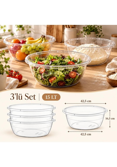 3'lü Şeffaf Karıştırma Ve Salata Kasesi Seti - 15 Litre Çok Amaçlı Hazırlık, Hamur Yoğurma Ve Sunum Kabı Diğer