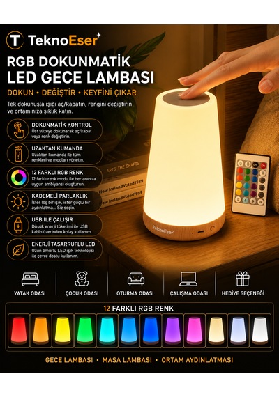 Rgb Dokunmatik Led Gece Lambası 12 Renkli Uzaktan Kumandalı Masa Lambası Ortam Aydınlatma Lambası Çok Renkli