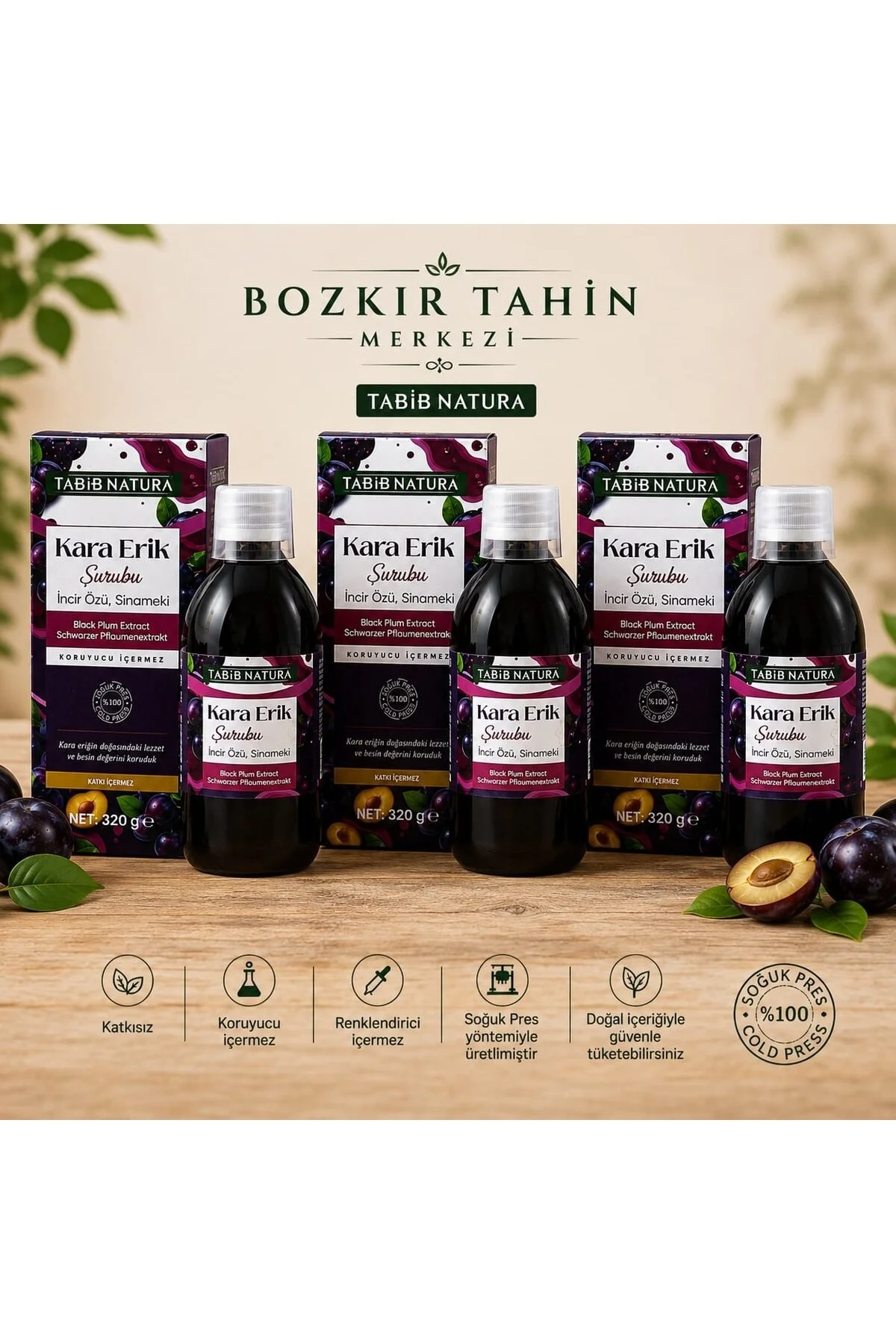 Bozkır Tahin Merkezi Kara Erik Şurubu İncir Özü Ve Sinameki İçerikli Şurub 320 Gr- 3 Adet Koruyucu İçermez&vegan